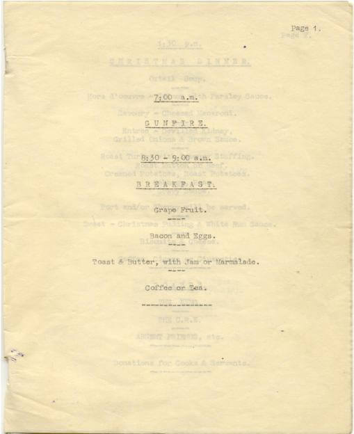 Paiforce Xmas menu, breakfast, 1942
