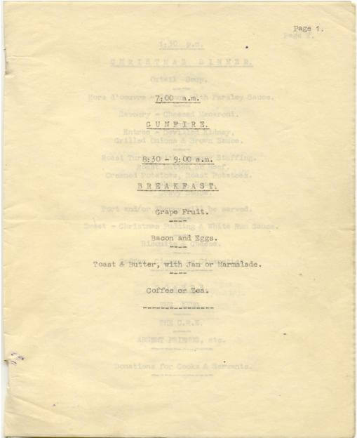 Paiforce Xmas menu, breakfast, 1942