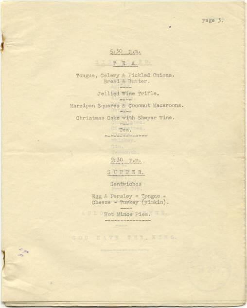 Paiforce Xmas menu, tea and supper, 1942