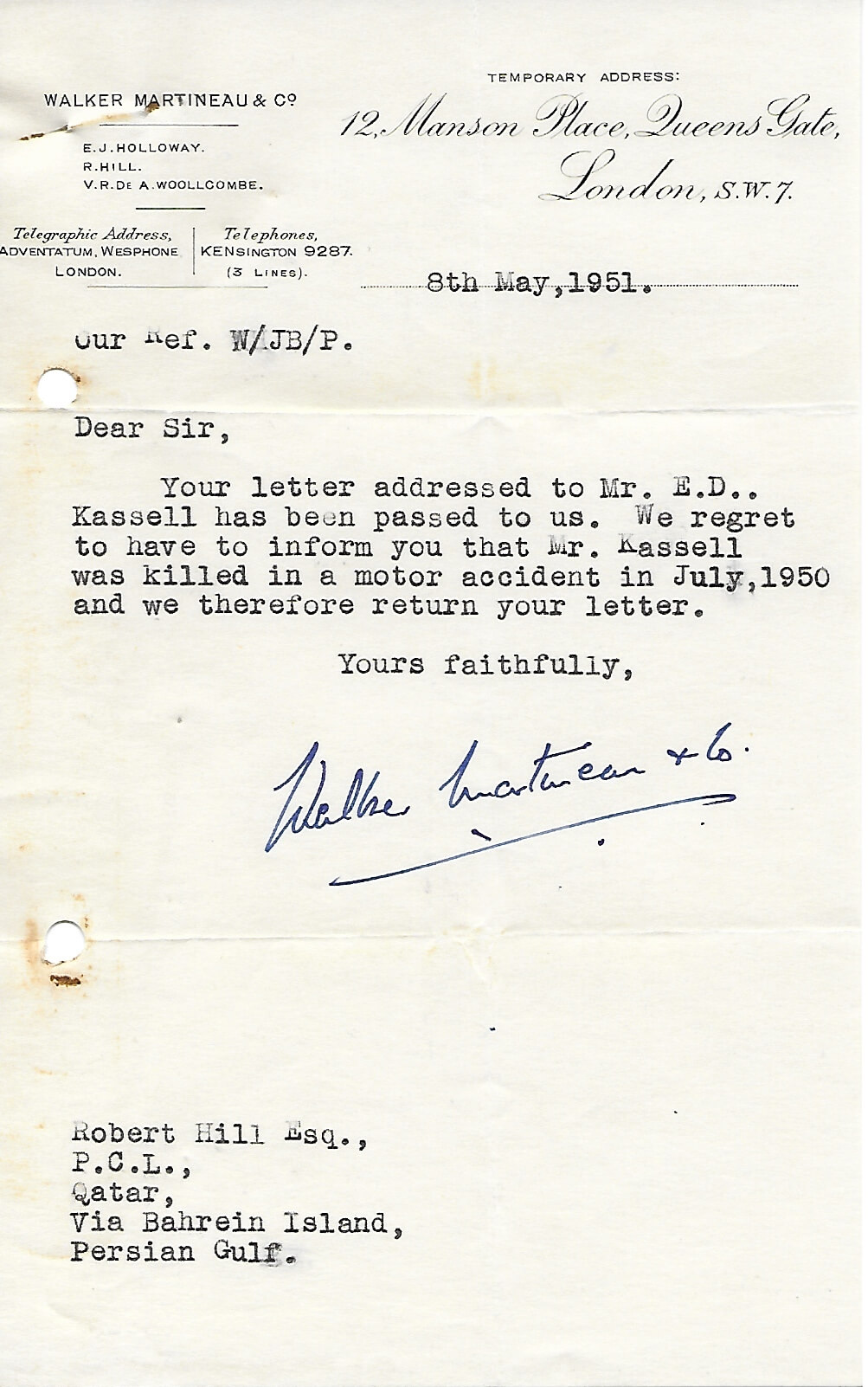 8 May 1951 - Walker Martineau letter to REH